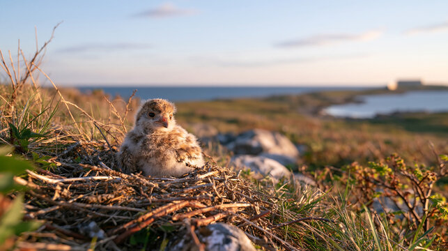 Coastal bird nest holds a fuzzy chick among rocks and grass