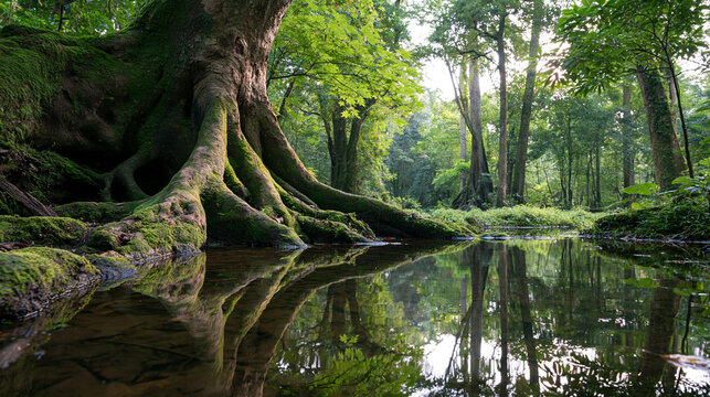 Huge moss covered tree roots border a still forest pool