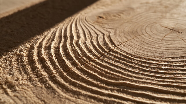 Weathered planks contrast with the rings of cut wood