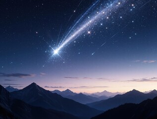 Fototapeta premium Bright shooting star falls over dark mountain range at night. Huge comet with sparkling tail shines in starry sky above misty peaks. Celestial event creates magical landscape with blue, pink horizon