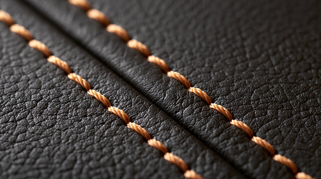 A pair of parallel stitches follows the grain of black leather