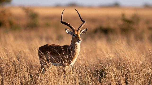 Side view of an impala among sunlit meadow grasses