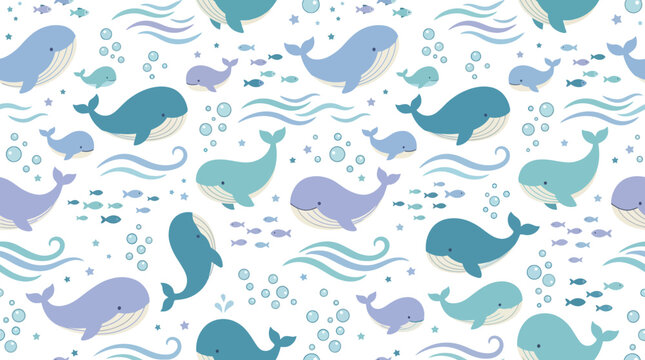 Cute Whale Pattern, Ocean Life Seamless Background, Whimsical Marine Animals