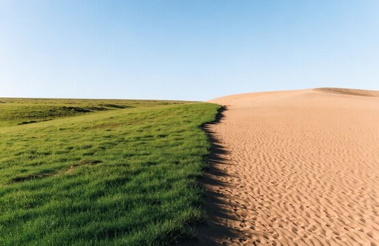 Green grassland meeting desert sand under clear sky