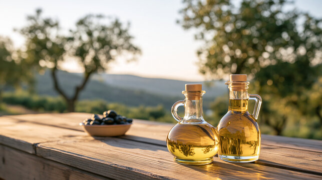 Sunset illuminates two oil cruets on a rustic outdoor table