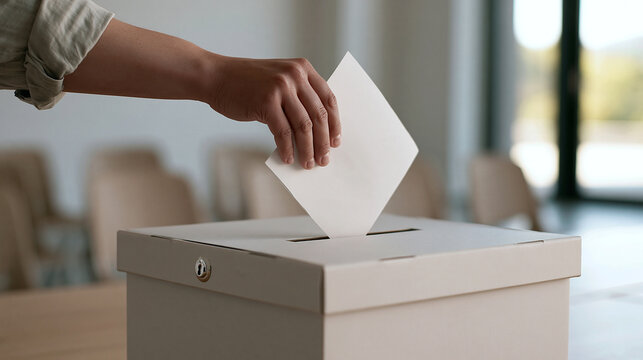 A voter inserts white paper into a locked ballot container