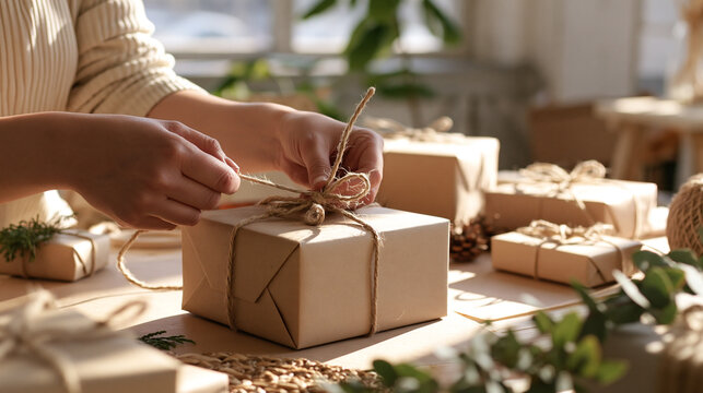 A simple string bow finishes a brown wrapped present