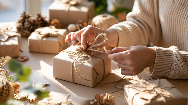 Fingers securing a rustic parcel with natural twine