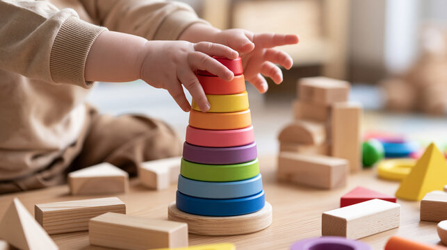 A rainbow ring stacker stands among scattered play blocks