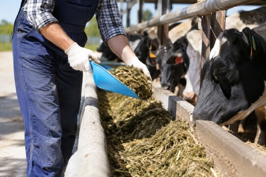 Dairy farmer feeding chopped hay to black and white cows in modern automated milking barn with professional hygiene gloves