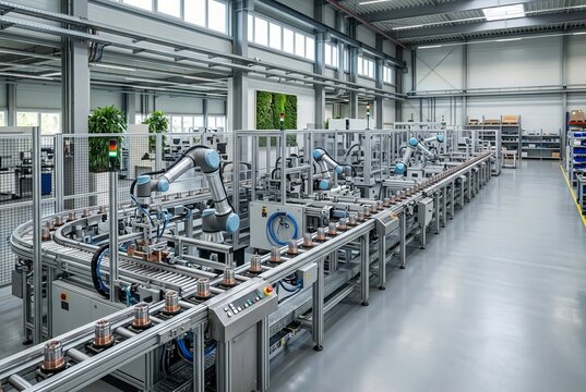 Automated Industrial Production Line with Robotic Arms in a Modern Factory.