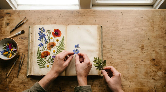 Handcrafted floral artistry on open seasonal journal, showcasing sustainable branding for eco-friendly businesses and seasonal product launches