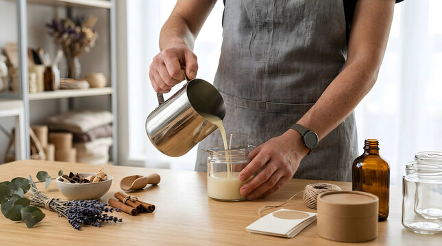 Artisanal chef pouring golden liquid into jar with seasonal ingredients, showcasing sustainable branding for organic food products, eco-friendly business marketing and healthy lifestyle promotion