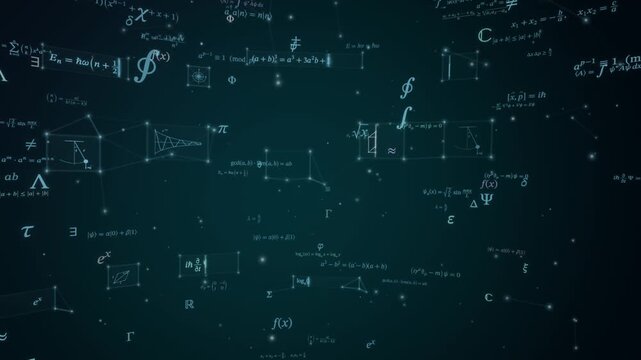 Mathematical equations and physics symbols drift across a glowing abstract field