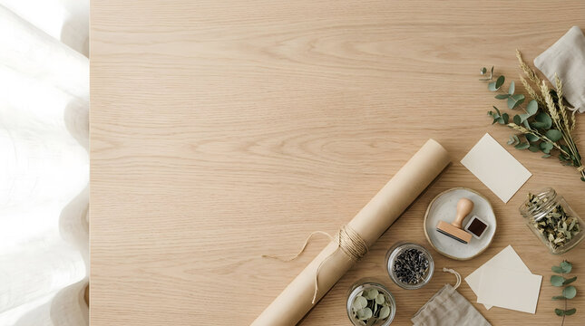 Elegant natural wooden surface with seasonal botanicals and branding materials, concept for sustainable packaging design, eco-friendly product launch and seasonal marketing