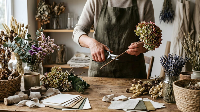 Artisanal floral arrangement creation in cozy studio setting, showcasing sustainable seasonal branding for eco-friendly businesses and boutique product packaging