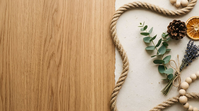 Elegant rustic wooden surface with natural rope, seasonal greenery, and brass accents, concept for sustainable branding, eco-friendly product packaging and holiday marketing