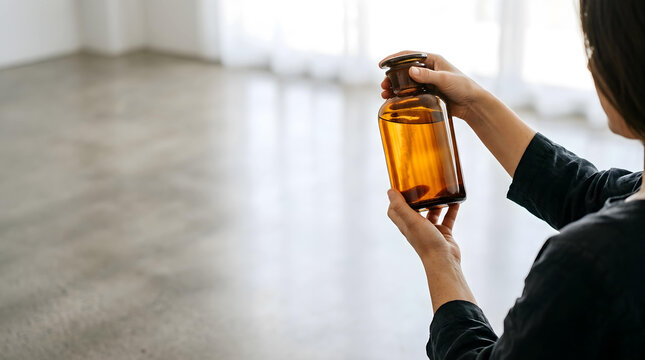 Golden amber seasonal jar with hands holding, concept for sustainable branding, eco-friendly product marketing and seasonal beverage promotion