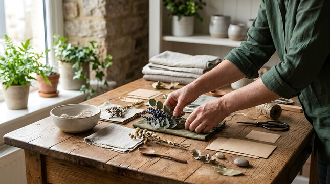 Handcrafted rustic wooden table showcasing seasonal foraged ingredients, concept for sustainable branding and eco-friendly product packaging design