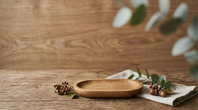 Elegant wooden surface showcasing seasonal spices and natural elements, concept for sustainable branding and eco-friendly product marketing