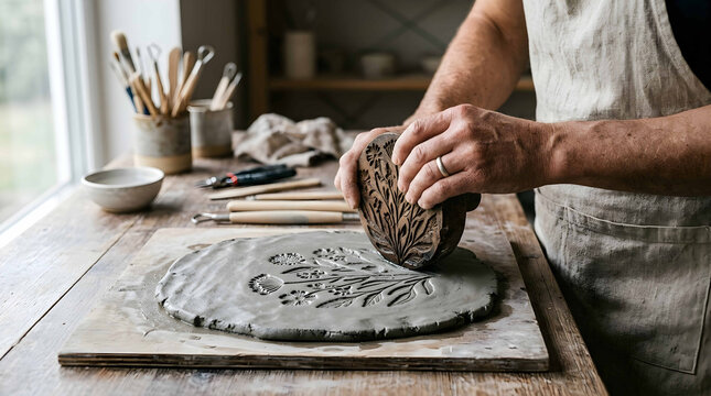 Artisan hands crafting seasonal clay design with natural textures, concept for sustainable branding and eco-friendly product packaging