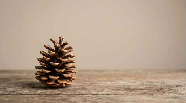 Natural pinecone on textured wooden surface with warm tones, concept for sustainable branding, seasonal marketing and eco-friendly product packaging