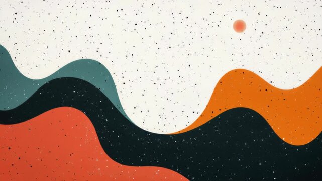 Abstract Landscape with Sun: A minimalist abstract landscape featuring flowing waves of color in orange, teal, and red, set against a speckled background with a distant red sun.