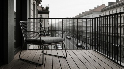 Fototapeta premium Modern wire armchair with grey cushion sits on wooden balcony floor. Minimalist metal furniture overlooks busy city street from urban apartment terrace. Stylish outdoor offers view of residential