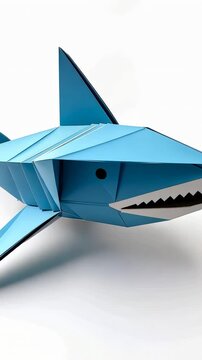 Origami Shark: A striking blue origami shark, meticulously folded and presented, showcases the art of papercraft with its sharp fins and fierce expression.