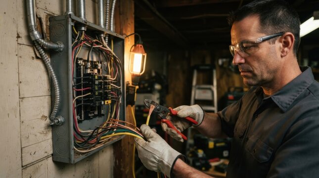 Electrician stripping copper wire insulation beside an open circuit breaker panel in an older home