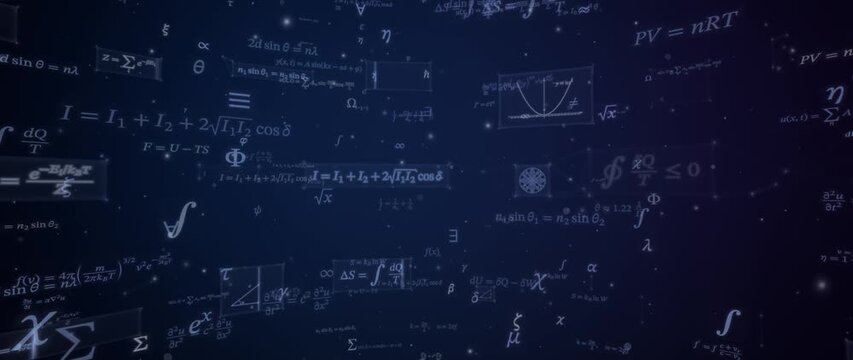 Physics equations and mathematical symbols drift across a starry dark blue abstract background