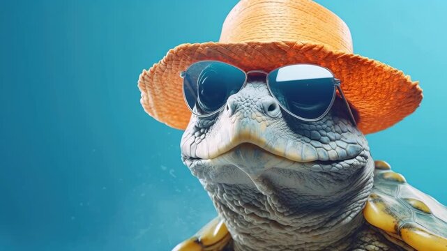 Cool tortoise wearing sunglasses and a straw hat against a blue background