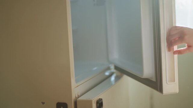 Close up shows someone hand reaching for and pulling open handle on what appears to be white household refrigerator. action is captured from various angles focusing solely on movement