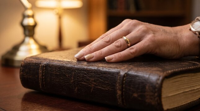 Hand with wedding ring on old leather book taking a solemn oath