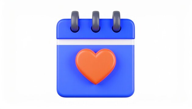 Valentine day calendar date 3D render of blue planner with orange heart icon for romantic events and anniversary planning minimal CGI illustration