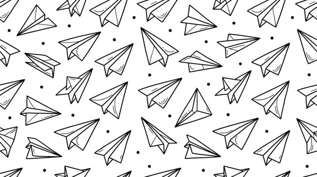 Seamless pattern of hand drawn paper airplanes with small polka dots on a white background, for stationery