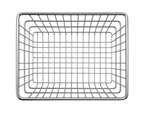 Metal wire basket top view showing empty interior structure with shiny chrome finish and grid pattern design for shopping concepts&nbsp;