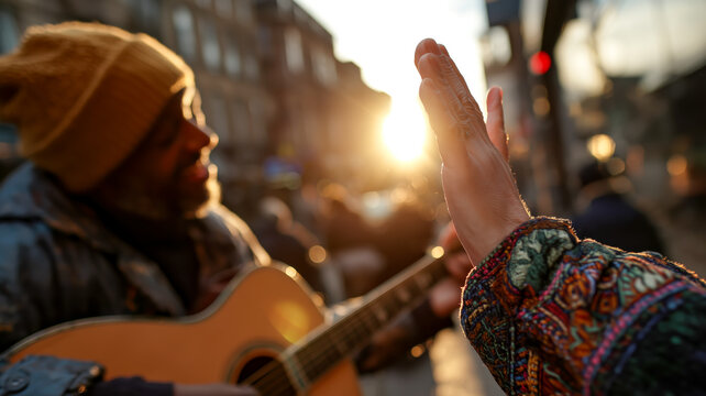 Street Musician Playing Guitar with Audience High-Fiving
