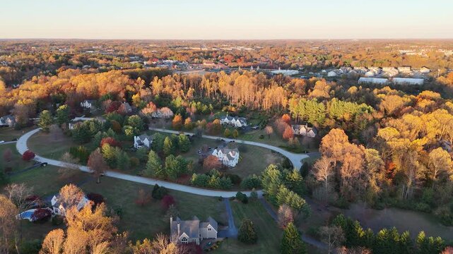 Aerial view of colorful autumn neighborhood in Chadds Ford, Pennsylvania suburb near Philadelphia