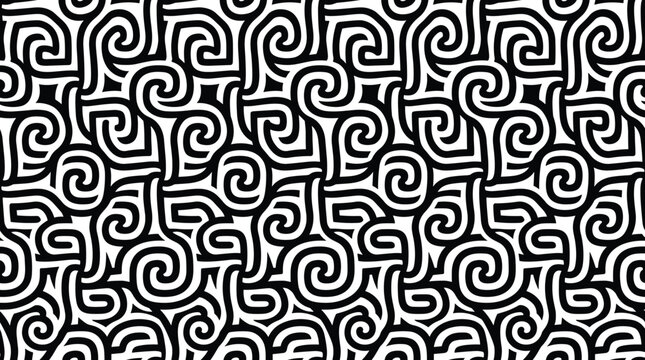 Seamless repeating pattern featuring interlocking black and white swirls and spiral geometric shapes