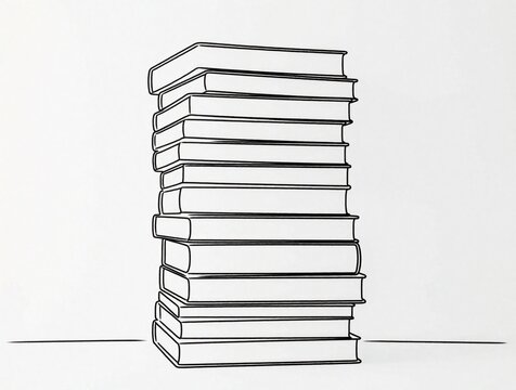 Simple continuous line art shows tall stack of books. Minimalist black outline drawing of many books piled up on white background. Single line illustration represents education, reading, literature,
