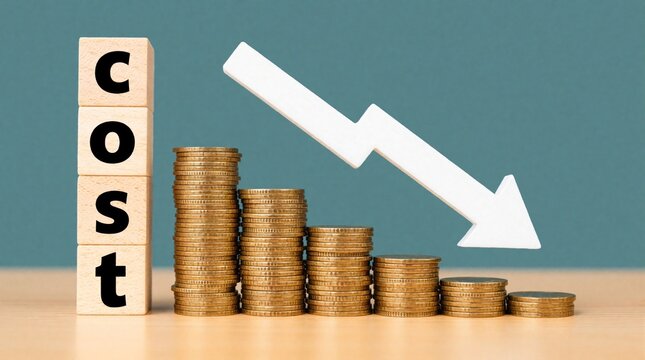 Wooden blocks spell cost next to stacks of gold coins. Large white arrow points downward showing price drop. Decreasing coin piles represent lower expenses, budget reduction falling market value.