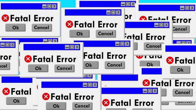 retro computer error windows popping up on the screen, retro animation (seamless loop) featuring a chaotic, repeating cascade of classic "Fatal Error" pop-up windows, symbolizing system 