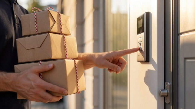Delivery courier person holds stack of cardboard boxes with string. Worker presses doorbell button at house entrance to notify client about arrival. Courier brings parcels to front door of modern