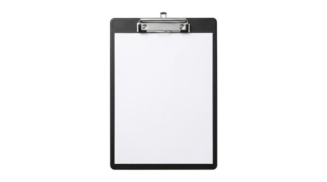 Black clipboard with white paper sheet and metallic clip isolated on transparent background