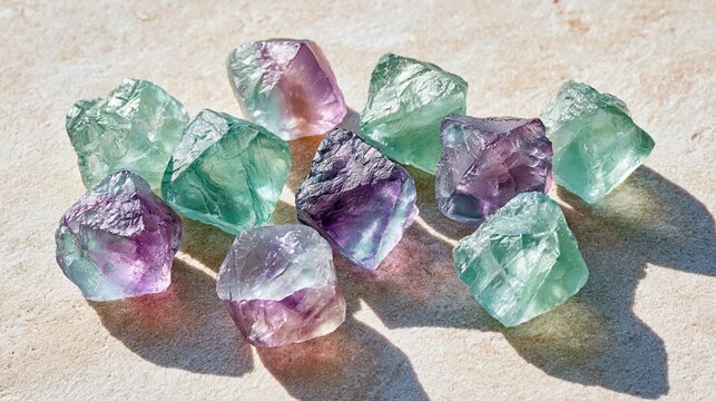 Raw green and purple fluorite octahedron crystals on pale limestone in sunlight