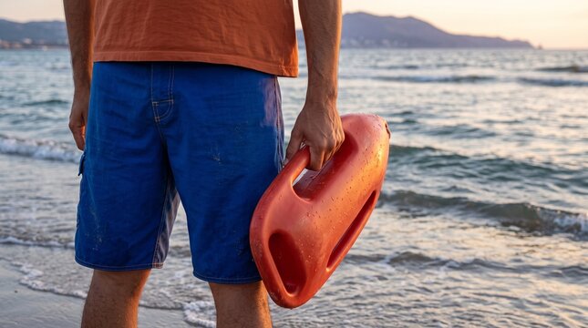Public safety: Lifeguard holding rescue buoy while watching the ocean at sunset