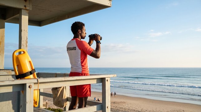 Lifeguarding: Black lifeguard scans the ocean from a tower to protect beachgoers