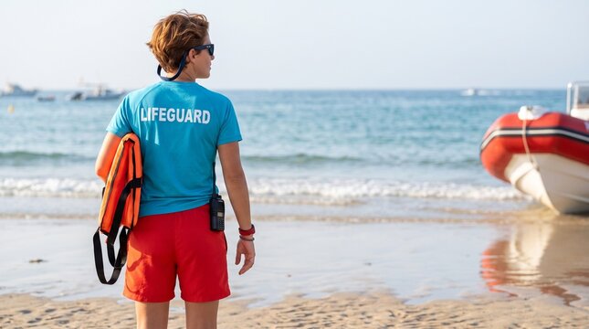 Water safety: Vigilant lifeguard monitors shoreline with rescue gear and emergency boat