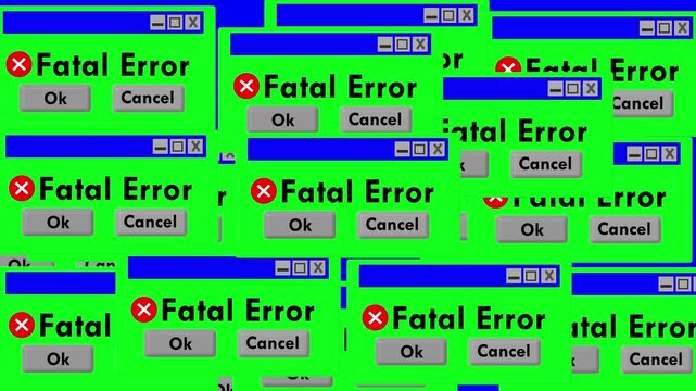 retro computer error windows popping up on the screen, retro animation (seamless loop) featuring a chaotic, repeating cascade of classic "Fatal Error" pop-up windows, symbolizing system